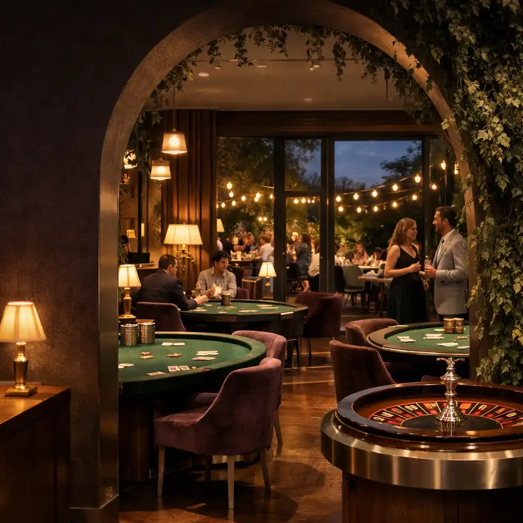 Warmly lit physical Casino Lounge beyond a botanical archway with green felt tables and guests in conversation