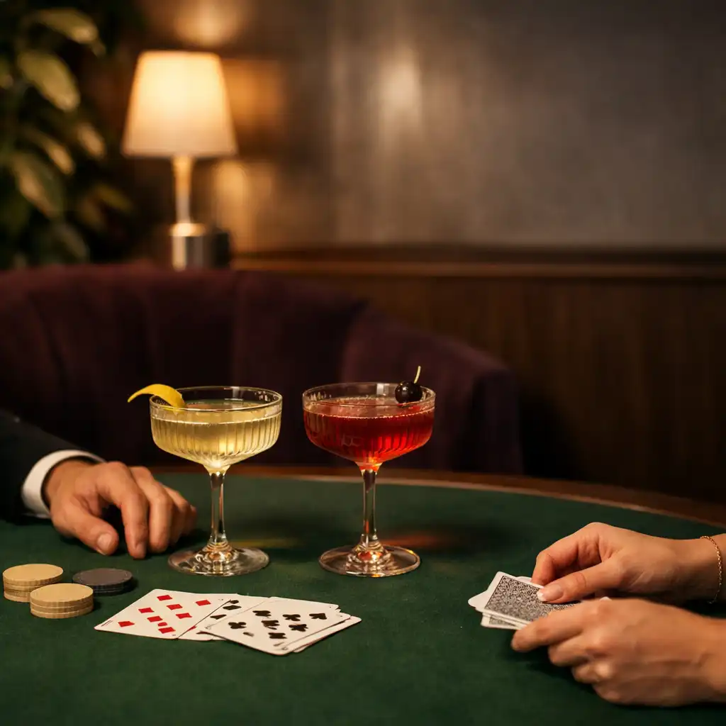 Cocktails, relaxed hands, playing cards and neutral chips on a green felt table in the evening lounge