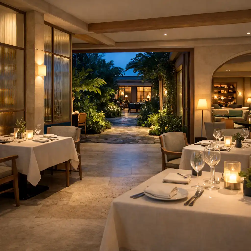 Juniper & Fork dining room leading toward a botanical garden path and softly lit lounge