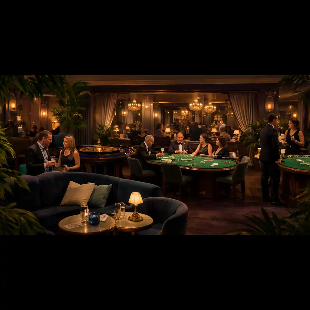 A refined Brisbane evening lounge with botanical foliage, dining-room glow, poker, roulette and blackjack tables
