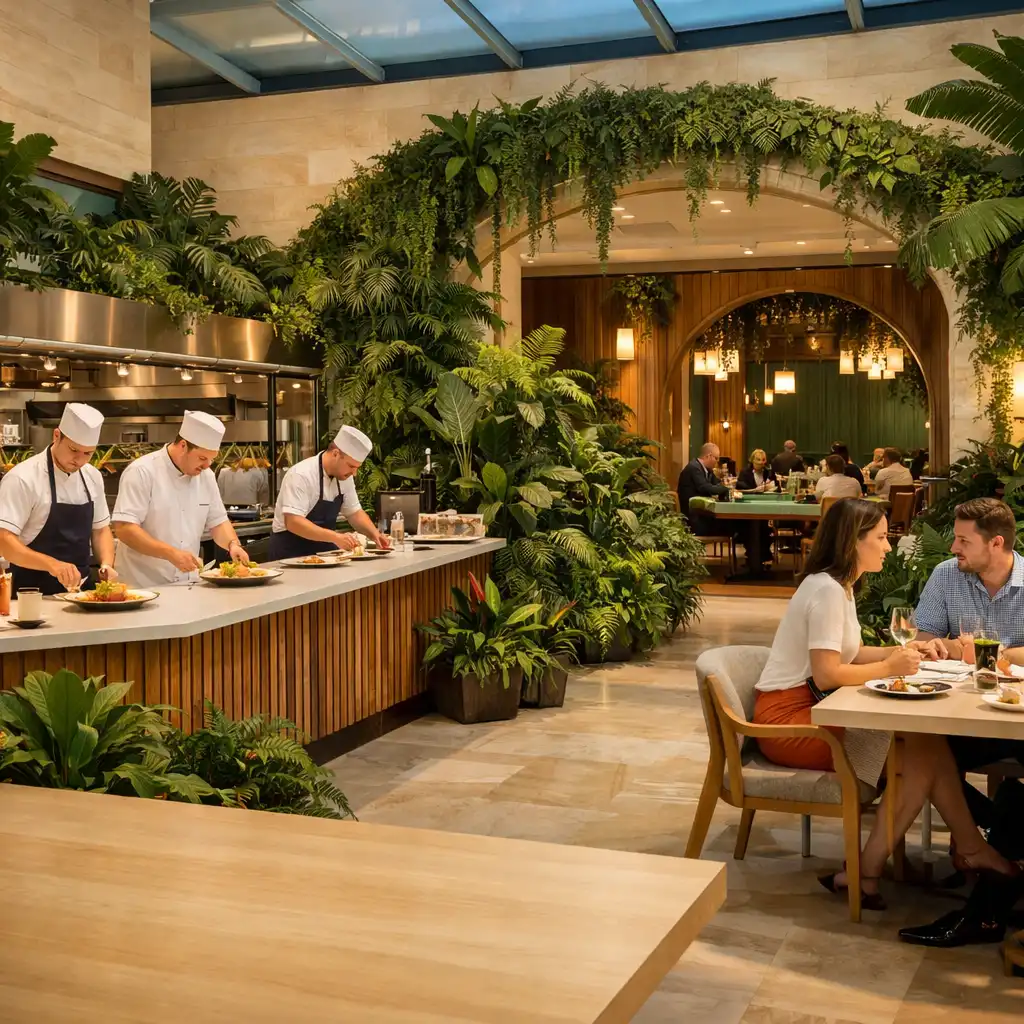 Guests and chefs in Juniper & Fork's botanical dining room, with the open kitchen beyond