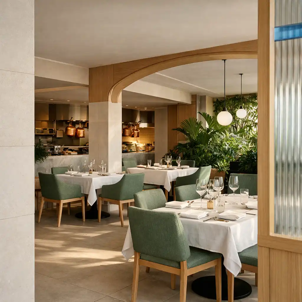 Daylight washing across linen-set tables and botanical greenery in a contemporary restaurant interior