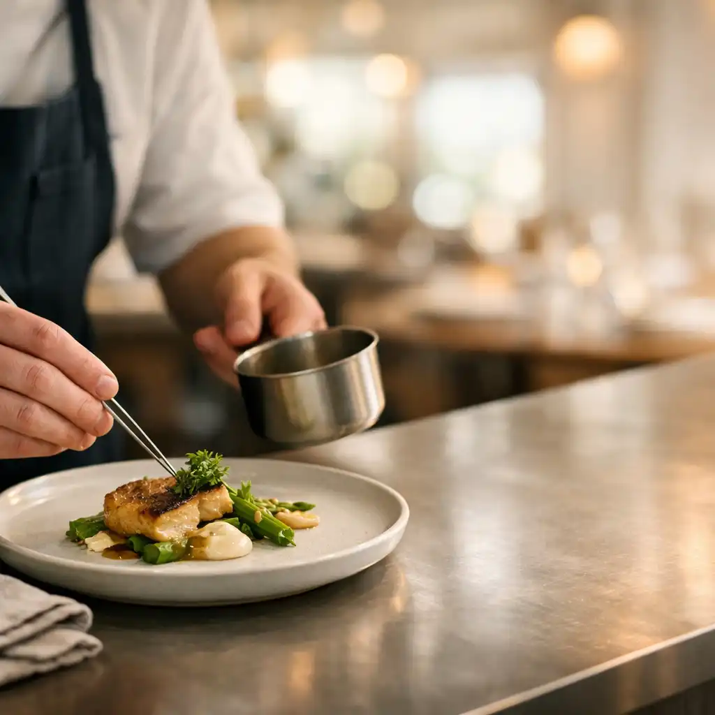 A chef finishing a refined plate at the open kitchen pass.