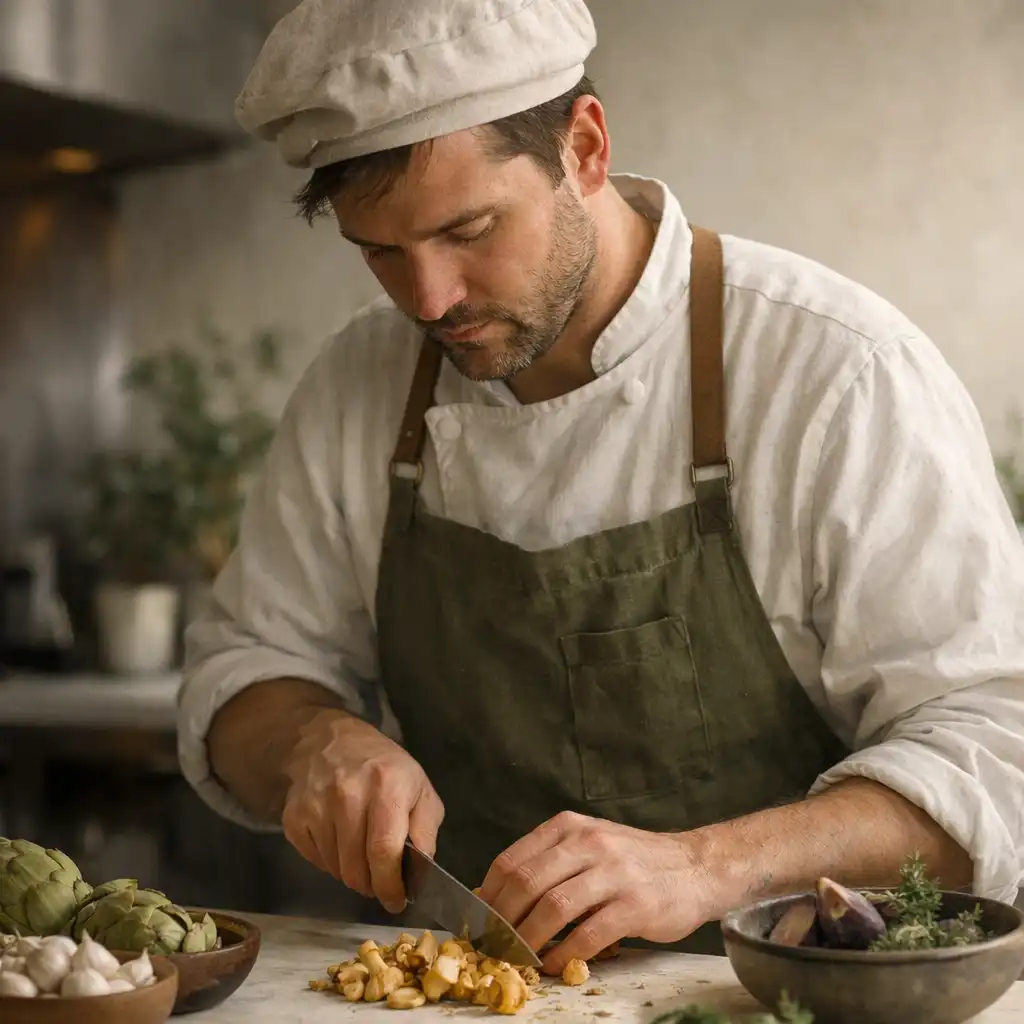 A chef concentrating on seasonal ingredient preparation in the open kitchen.