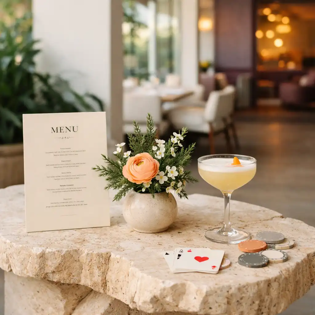 Pale stone host table with a printed menu, botanical greenery and a cocktail, opening toward the dining room