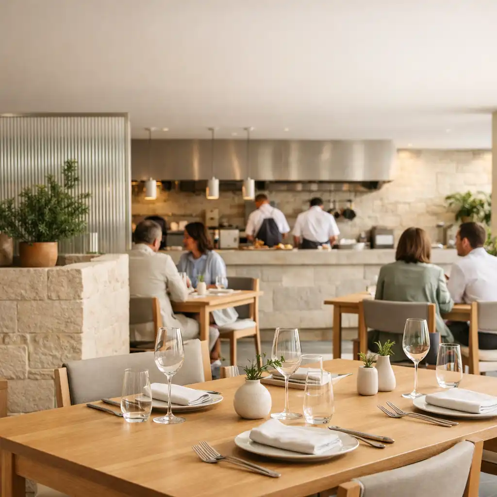 Light-filled Juniper & Fork dining room with linen-set tables, botanical planting and an open kitchen in Brisbane