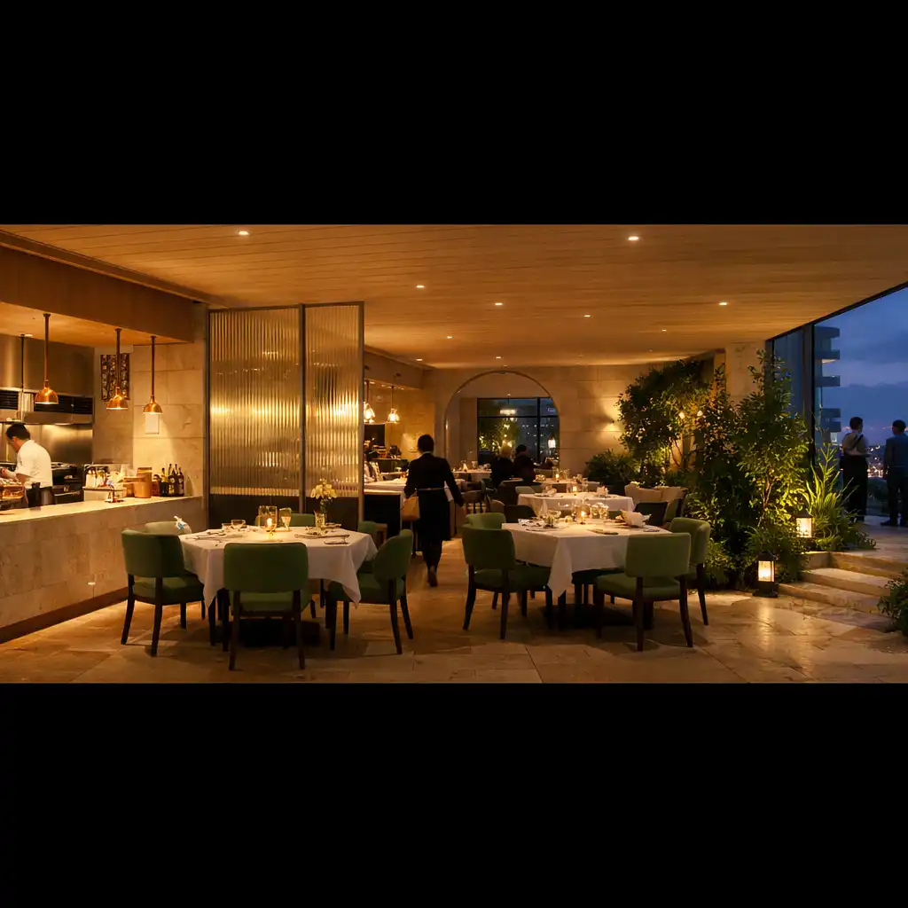 Connected Juniper and Fork view of open kitchen, dining room and planted garden threshold at blue hour