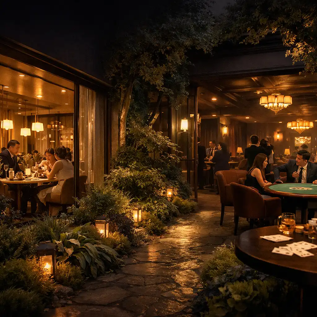A glowing dining room and botanical path leading toward Juniper & Fork's physical evening lounge.