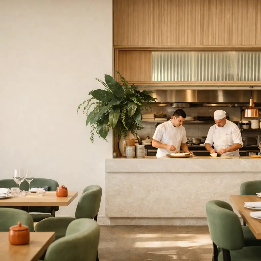 Chefs working calmly at Juniper & Fork's bright open kitchen pass.