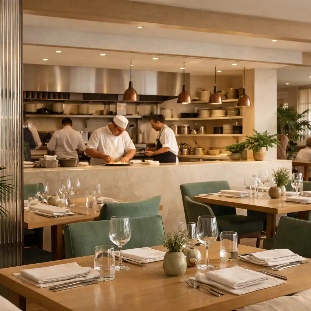 The bright dining room and open kitchen at Juniper & Fork, with pale tables and botanical details.