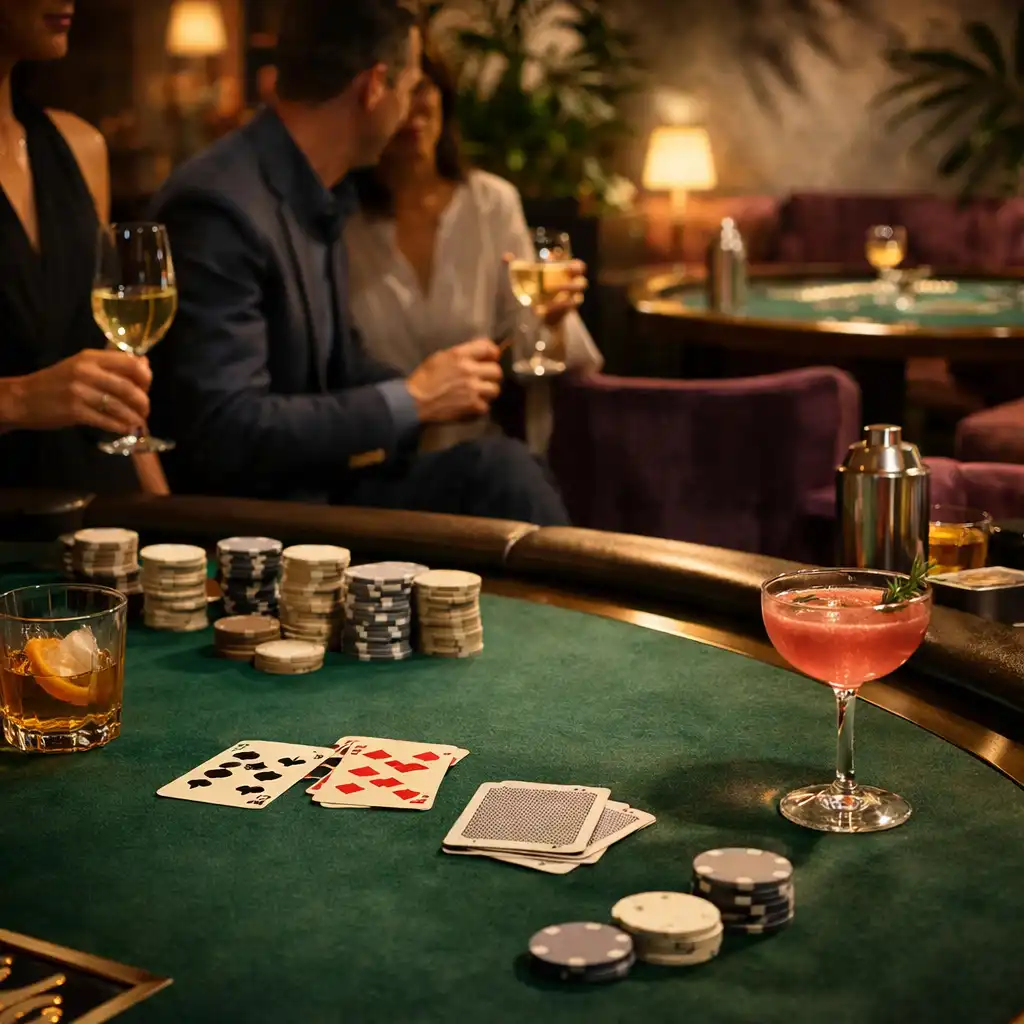 Refined physical Casino Lounge with a green felt poker table, cards, neutral chips and softly visible roulette and blackjack tables