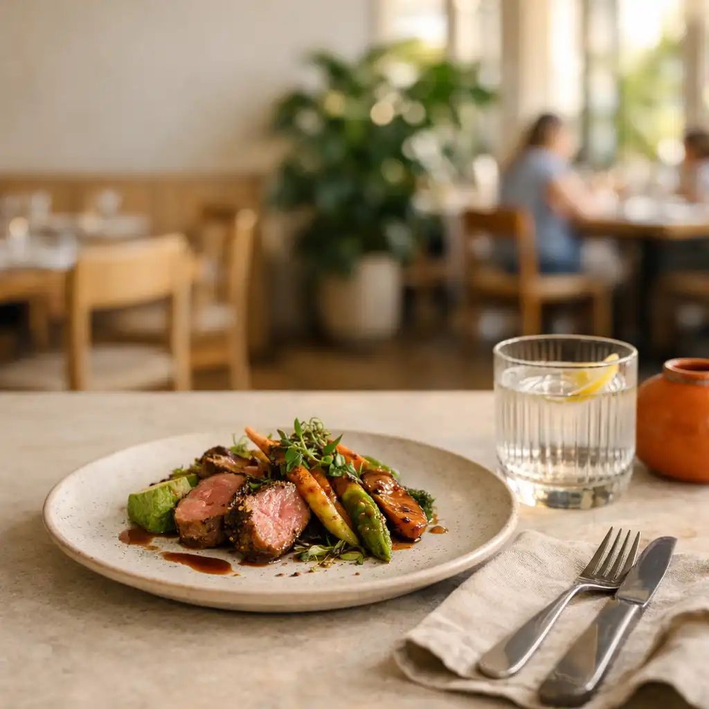 Seasonal plated dish and cocktail on a linen-set table with Juniper and Fork dining room visible beyond