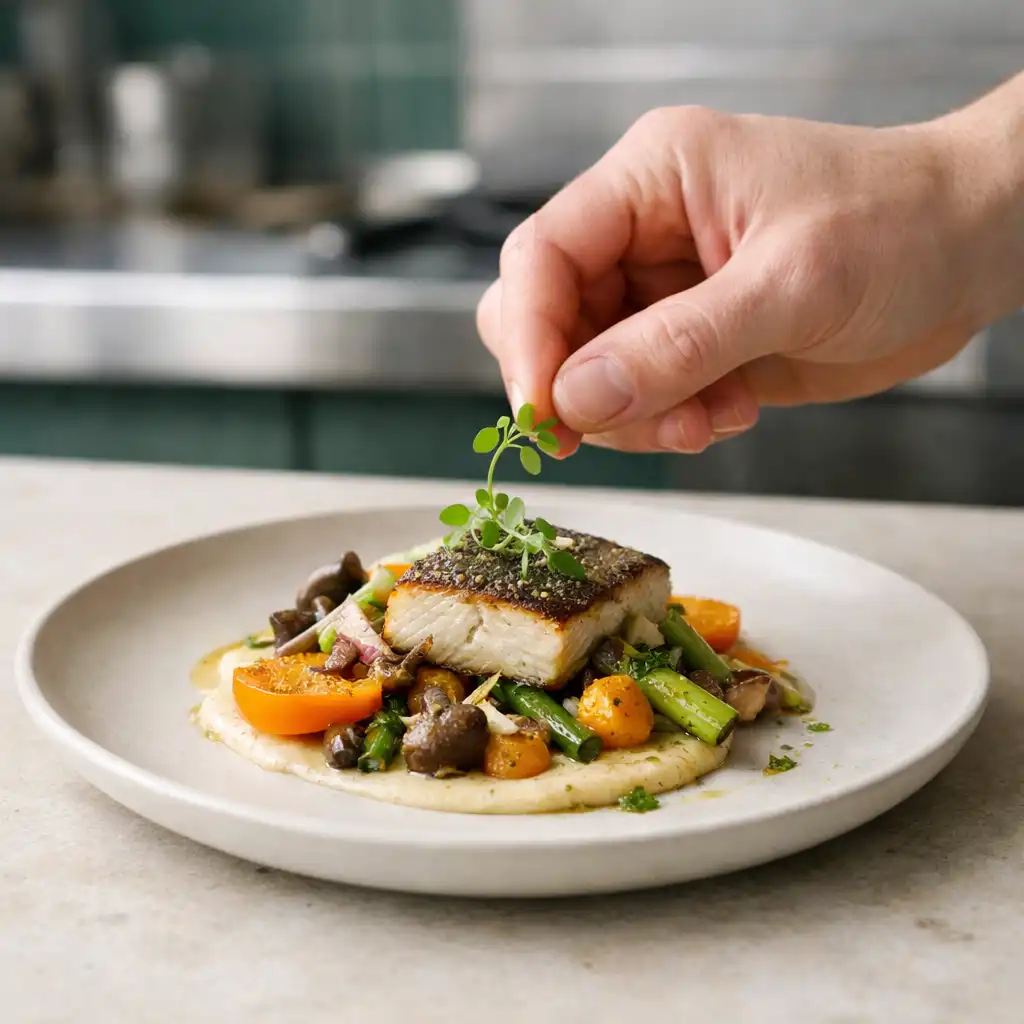 A finished contemporary Australian dish receiving a final botanical garnish.