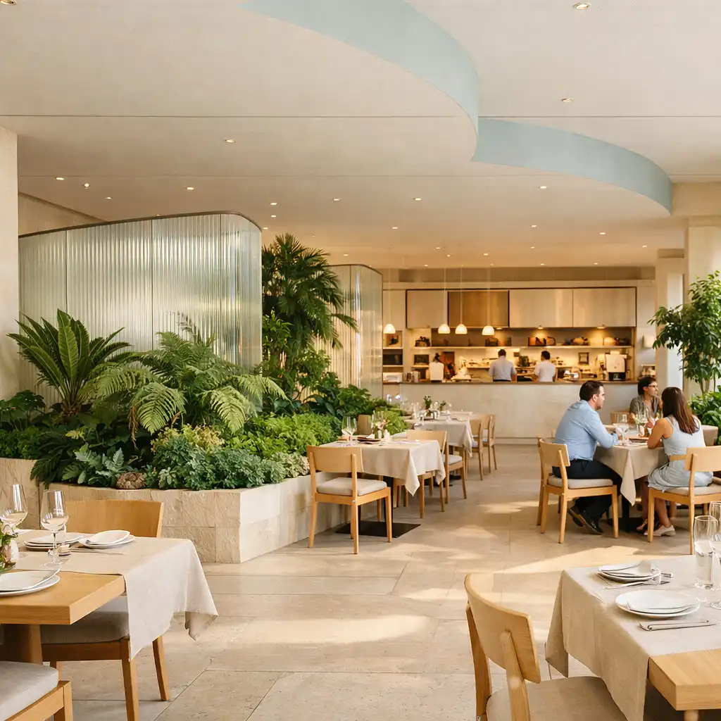 Light-filled botanical dining room with timber tables, pale stone and open kitchen