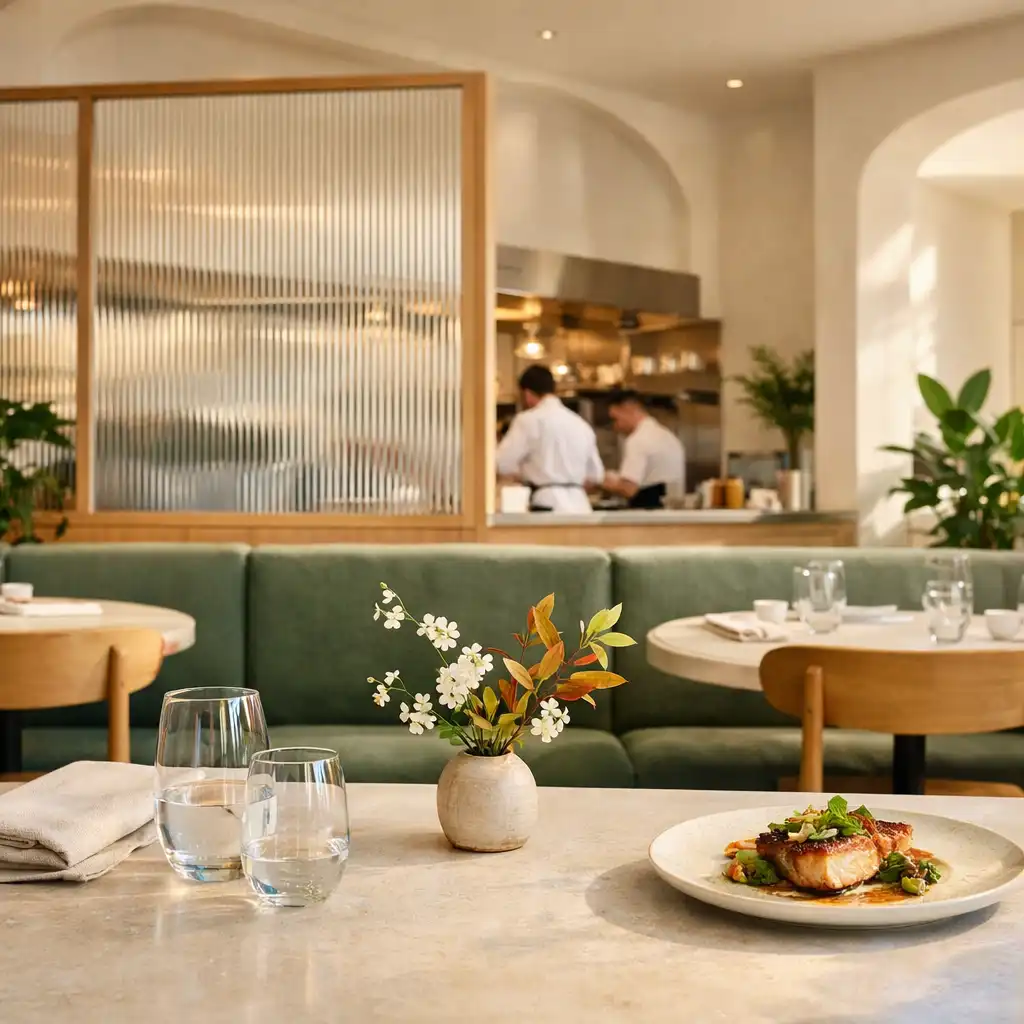 Botanical Juniper and Fork dining room with a linen-set pale stone table and daylight