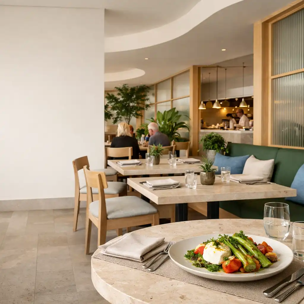 Light-filled Juniper and Fork dining room with pale stone tables, botanical foliage and an open kitchen