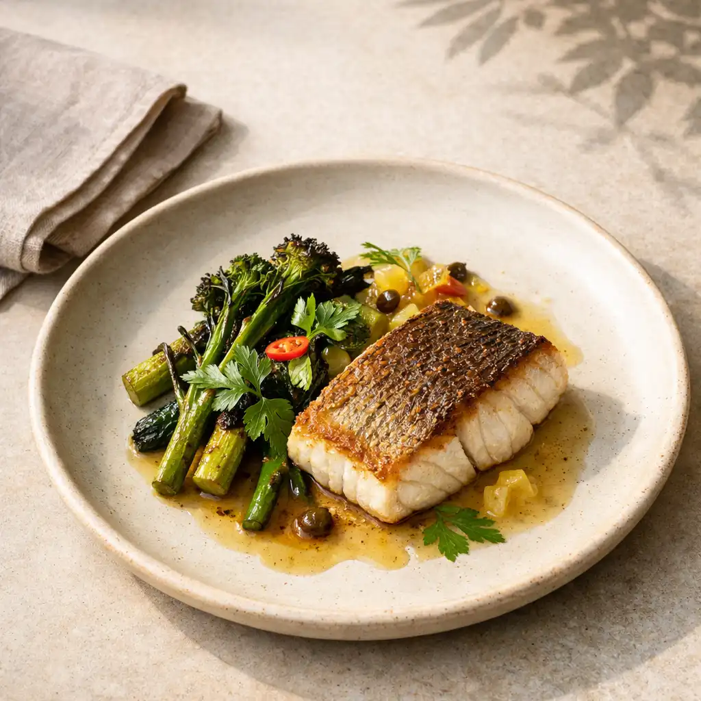 Market fish with charred greens and preserved lemon on a warm ivory ceramic plate