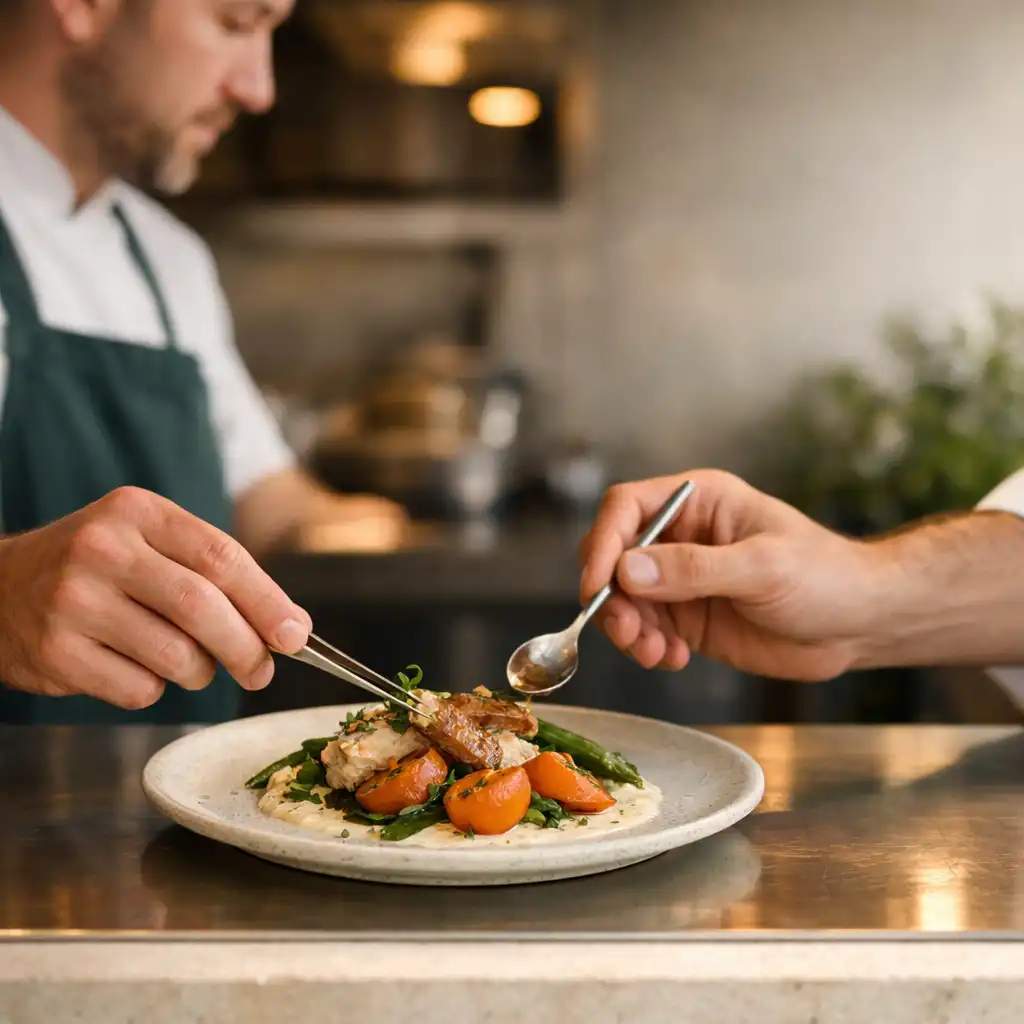 Chefs' hands finishing a plated seasonal dish at the open kitchen pass