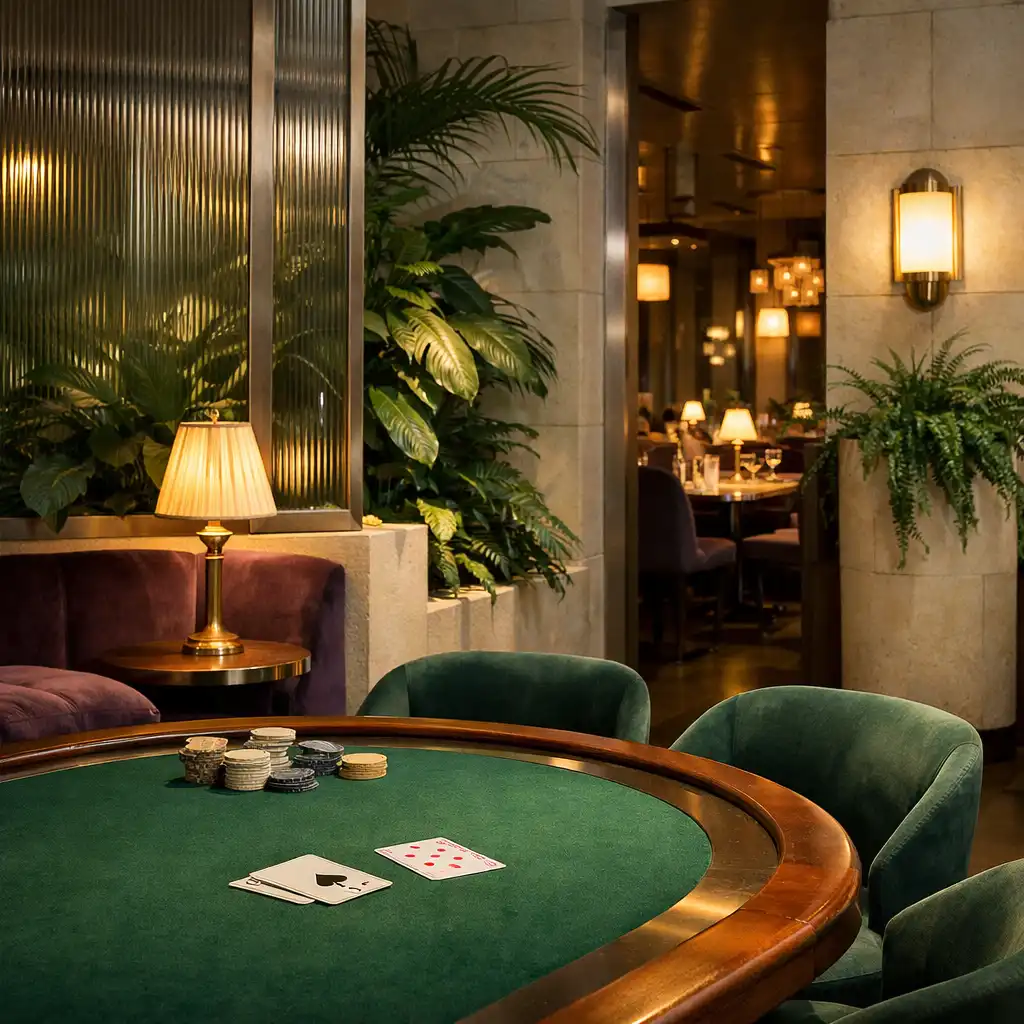 Botanical Casino Lounge interior with green upholstery, warm lighting and a poker table
