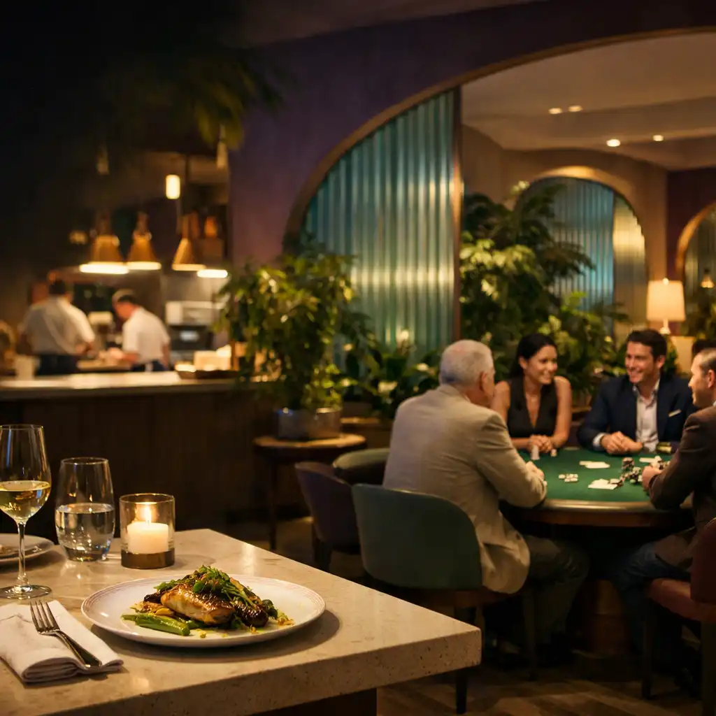 Dining room, open kitchen and a distant green felt poker table at Juniper & Fork