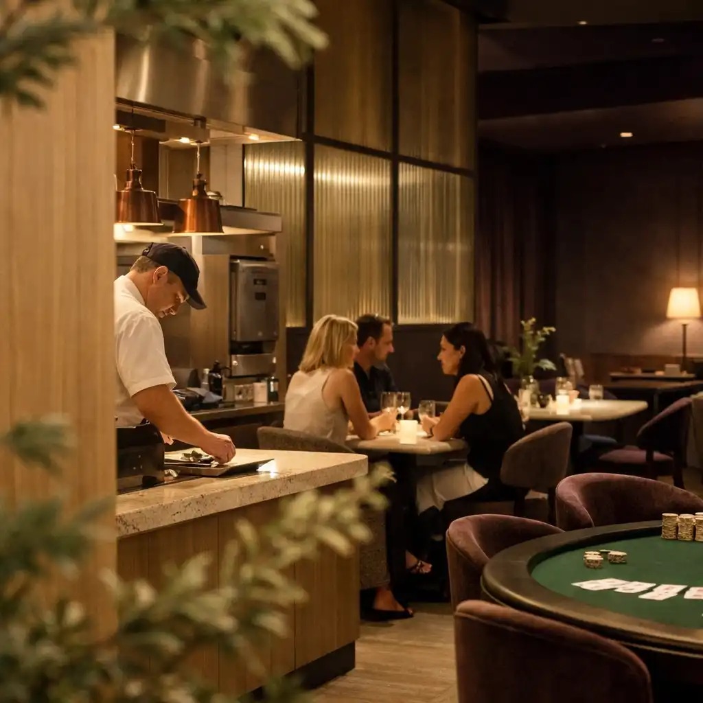 Chef at the open kitchen with diners and a lounge table beyond
