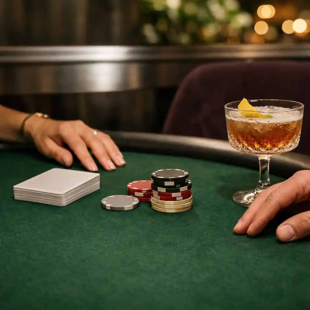 Hands near playing cards, neutral chips and a cocktail on green felt