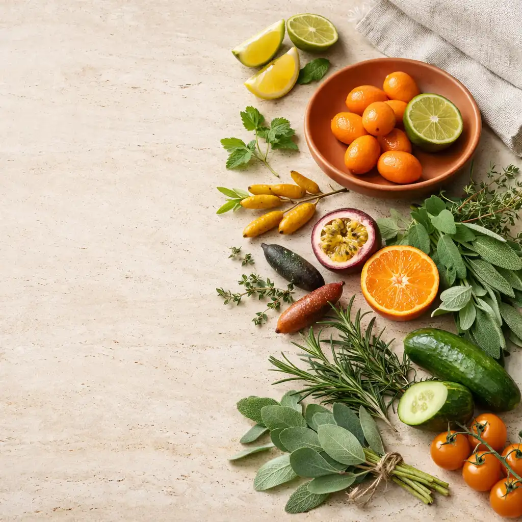 Seasonal produce and botanical aromatics arranged on pale stone