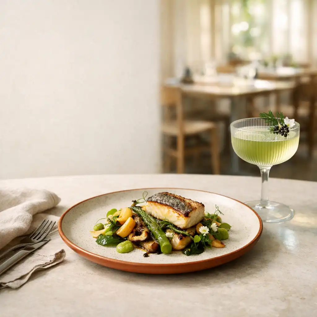A refined seasonal plated dish beside a botanical cocktail in ribbed glass